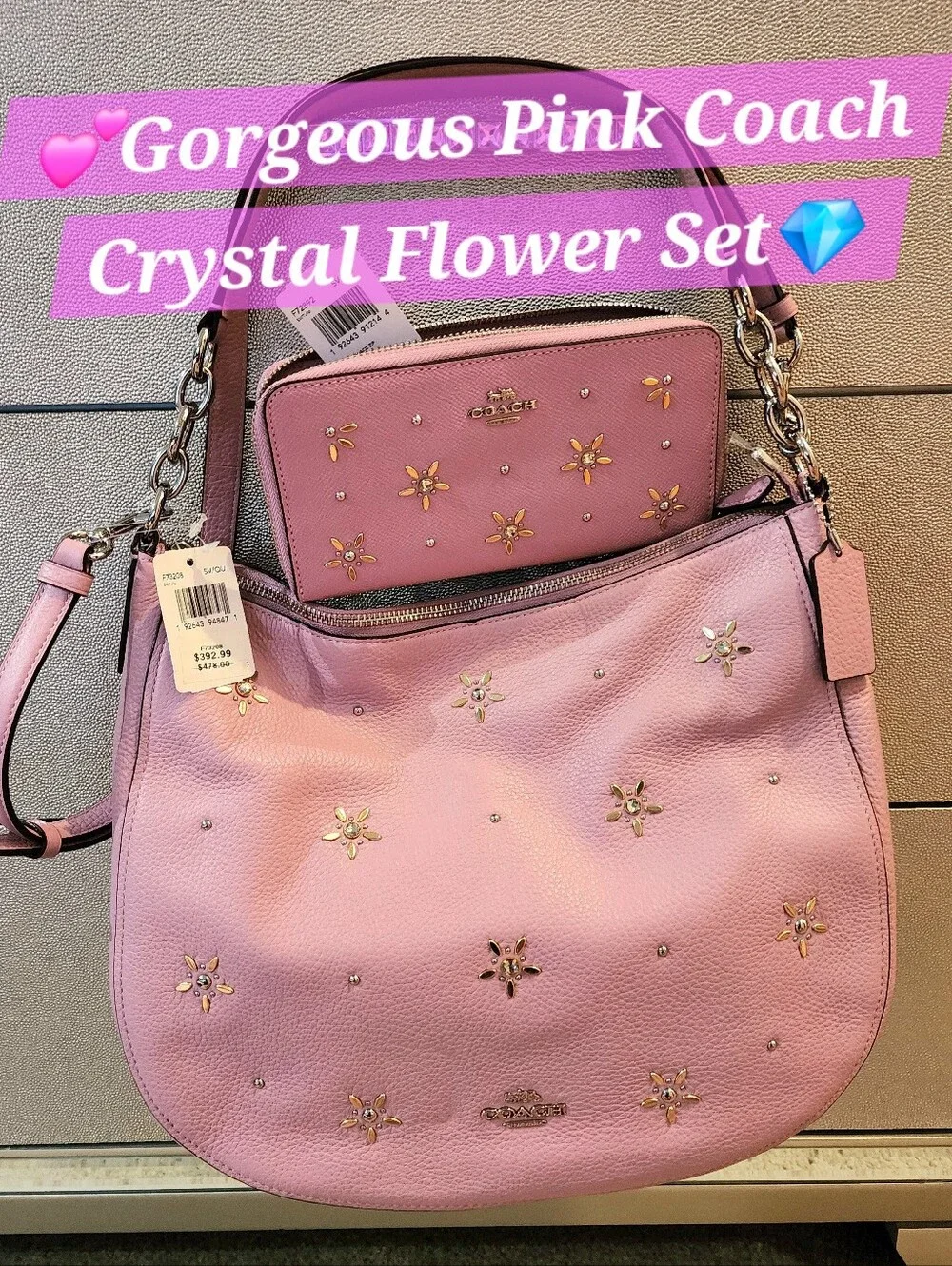 Coach Pink Crystal Rhinestone Shoulder Hobo Purse Floral Elle Wallet New SET